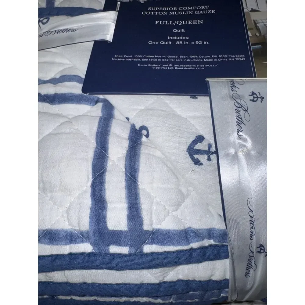 ✨New Brooks Brothers Blue White Anchor Full/queen Quilt Set Muslin Gauze